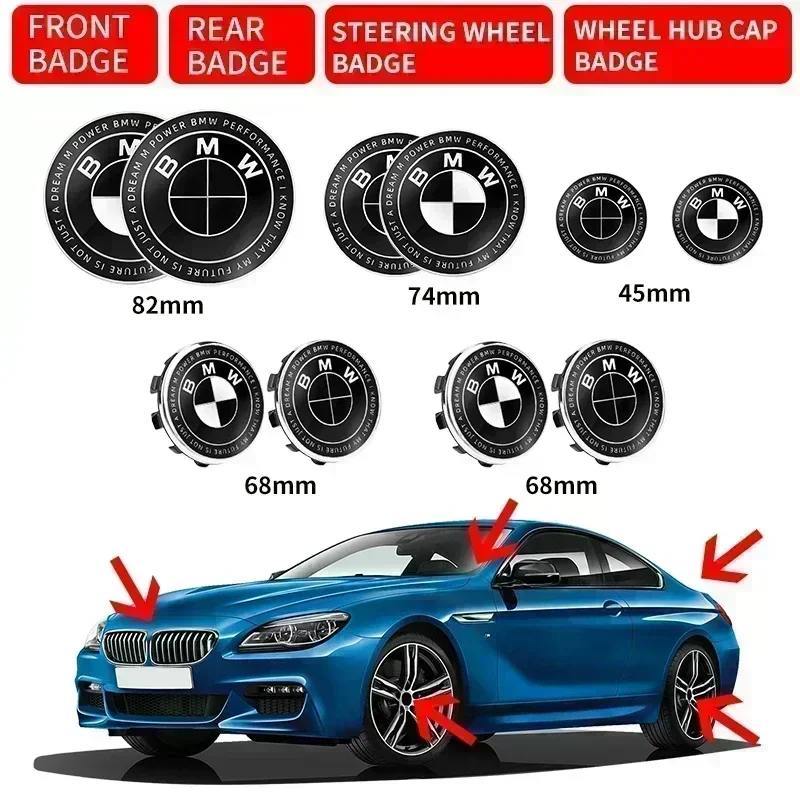 

Набор из 7 эмблем для BMW M (F30, E36, E39, E87, E46, E90, E92, E53, E94): 45 мм, 68 мм, 74 мм, 82 мм — для переднего капота, заднего багажника, рулевого колеса.