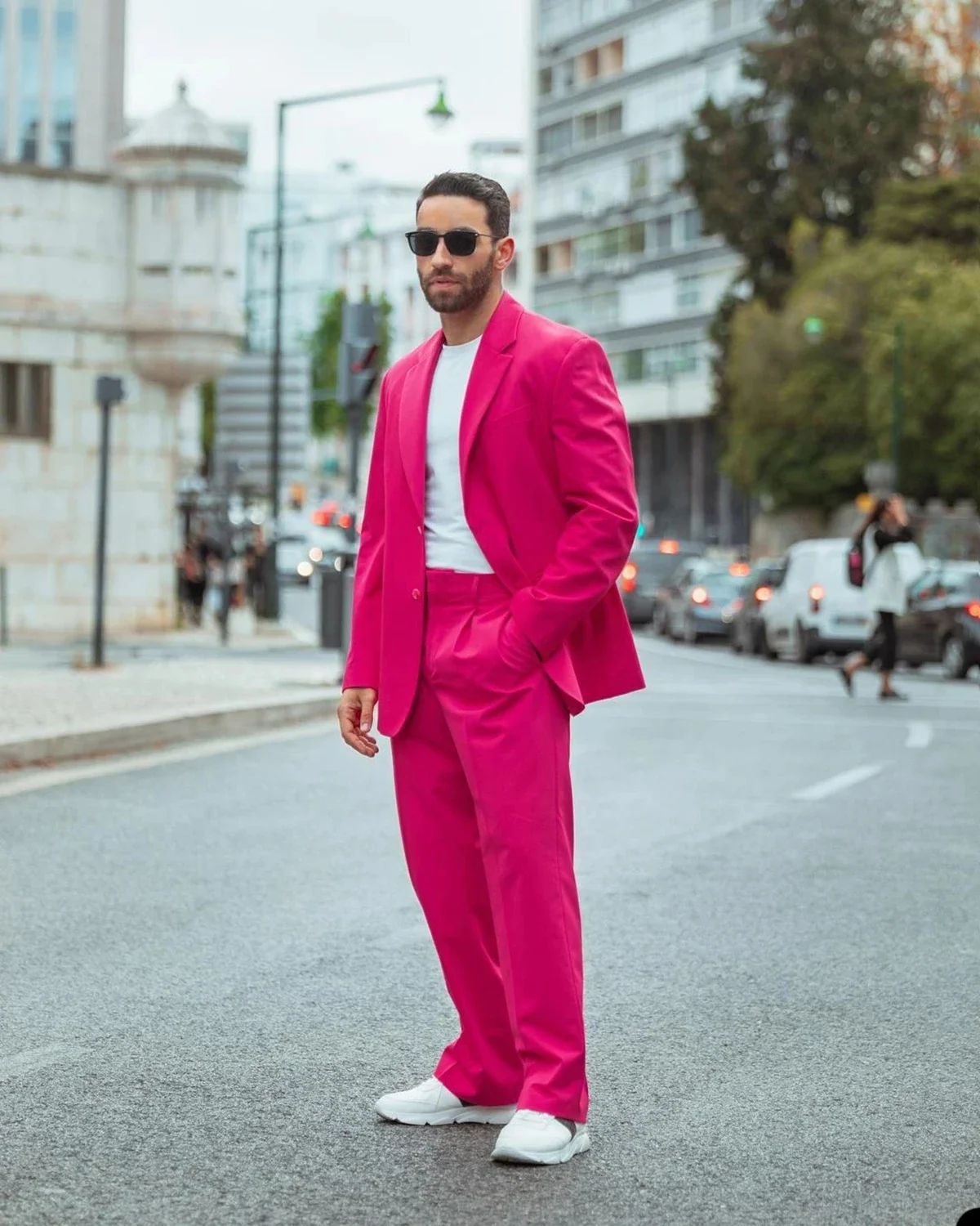 Trajes de 2 piezas para hombre, ropa de calle, esmoquin con solapa de pico, color fucsia, para fiesta de novio, boda