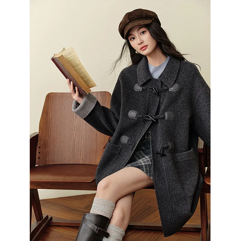 

2025 Winter New Women's Solid Color Single breasted Windbreaker Double sided Woolen Horn Button Mid length Coat Versatile