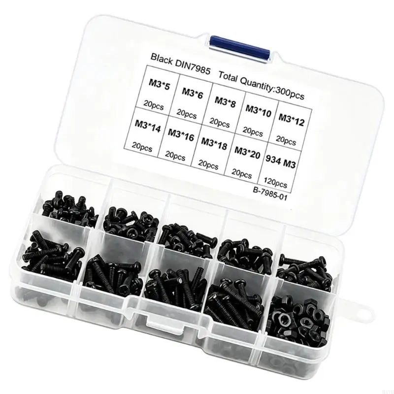 300-Piece Pan Head Machine Screw Assortment with Matching Threaded Hardware, Black Fasteners in a Divided Storage Case for M4YD