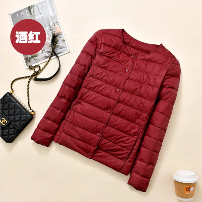 Herfst en winter Nieuw 2025, lichtgewicht donsjack voor dames, eenvoudig, modieus, elegant, woon-werkverkeer, binnenkant, ronde hals, V-hals, warme jas