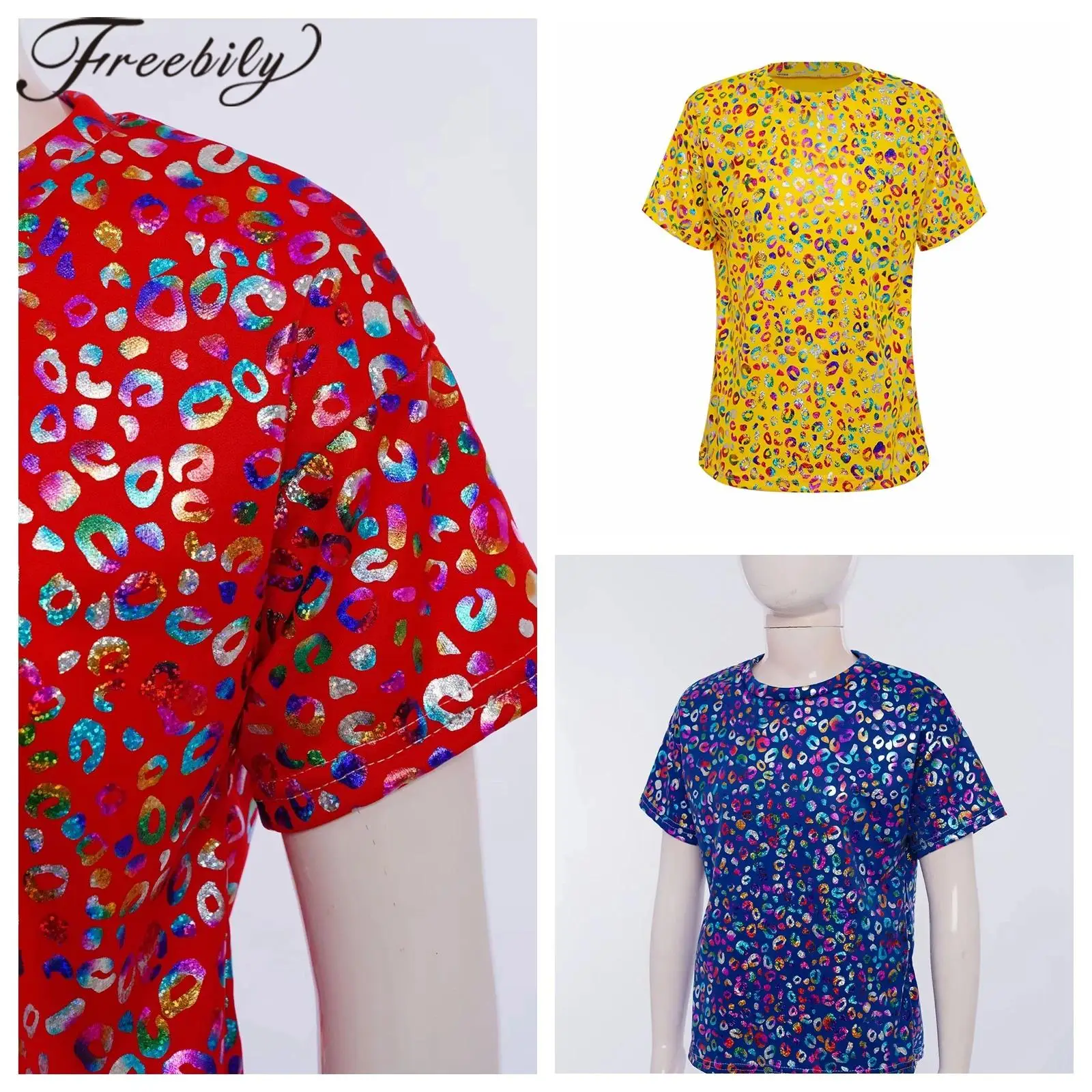 Girls Disco Outfits Short Sleeve Top T-shirts Metallic Leopard Print T-shirt Children Fashion Party Stage Performance Costume