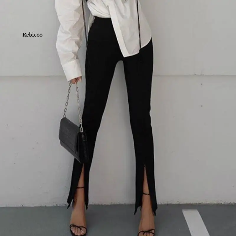 

Women Front Slit Trousers with Zipper Chic Spring Autumn Female Solid Color High Waist Long Pants Slim Fit Legging Streetwear