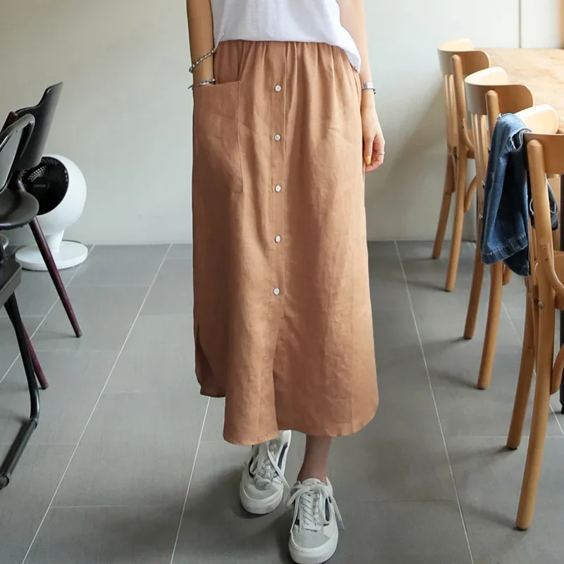 

Cotton Linen High Waist Midi Skirt Women's Clothing Elastic Waist Low Slit Loose Soild A-Line Skirts Lady Streetwear Commuter