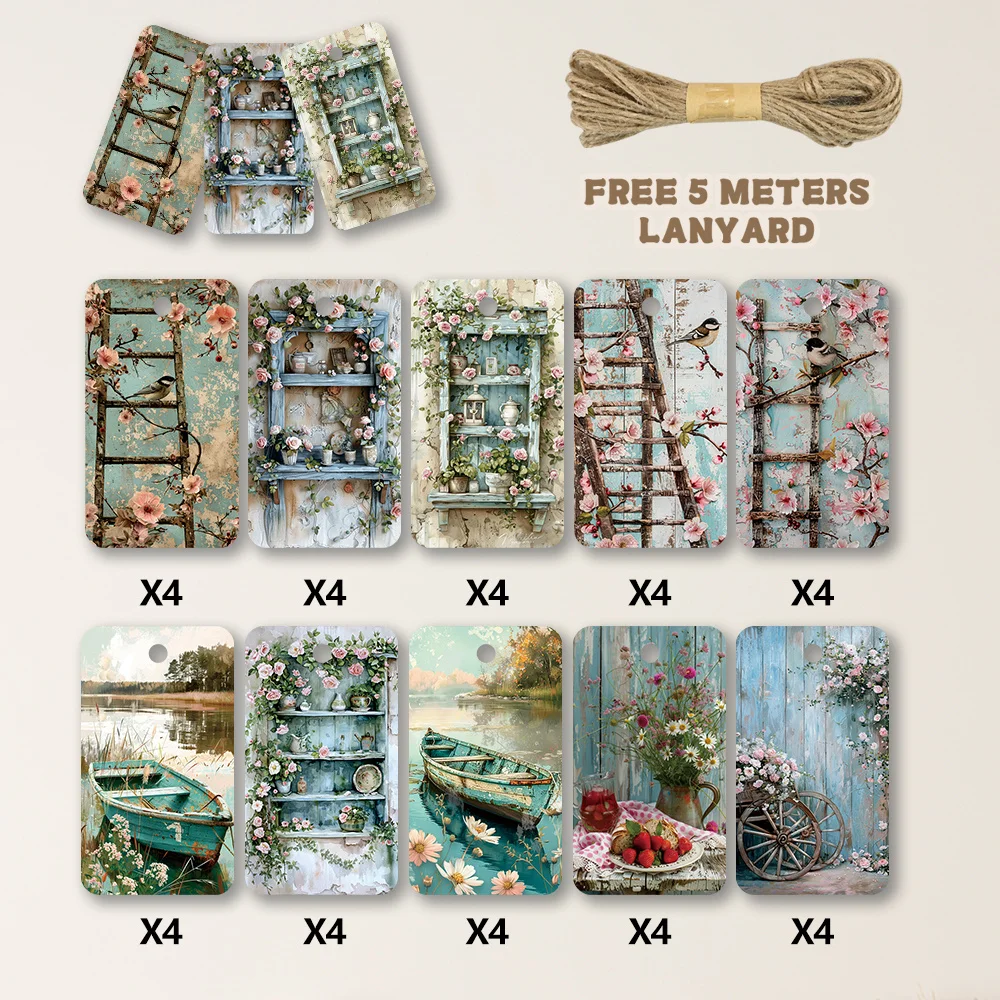 40pcs, Gift Tags, French Vintage Country Style, Hanging Paper Labels for Gift Wrapping, Holiday Party Decor with String