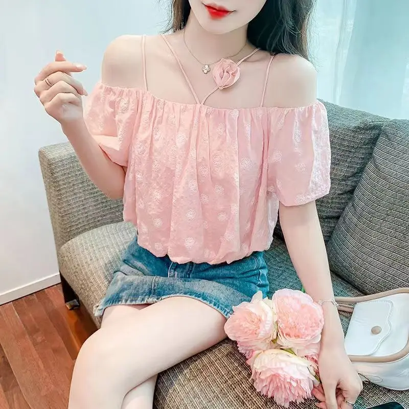 Fashionable Sweet Summer New Shirts Women\'s Slash Neck Off Shoulder Sling Tie Flowers Solid Printed Loose Short Sleeve Blouses