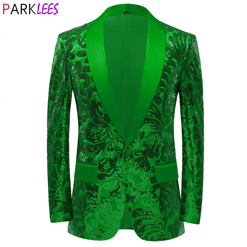 Mens Shiny Green Sequins Blazer 2022 Stylsih Shawl Collar One Button Tuxedo Floral Suit Jacket Party Wedding Groom Costume Homme