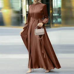 Women Muslim Dresses 2024 Fashion Autumn Sundress Satin Party Vestidos Elegant Long Sleeve Maxi Dress Belted Robe Turkey Abaya