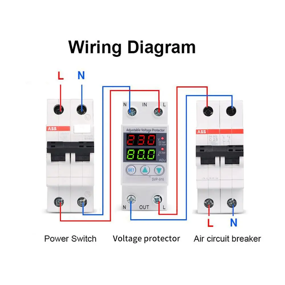 SVP-916 Automatic Adjustable Voltage Relay Over Under Voltage Protection 40A 63A 80A ​Limit Current Dual Display Surge Protector