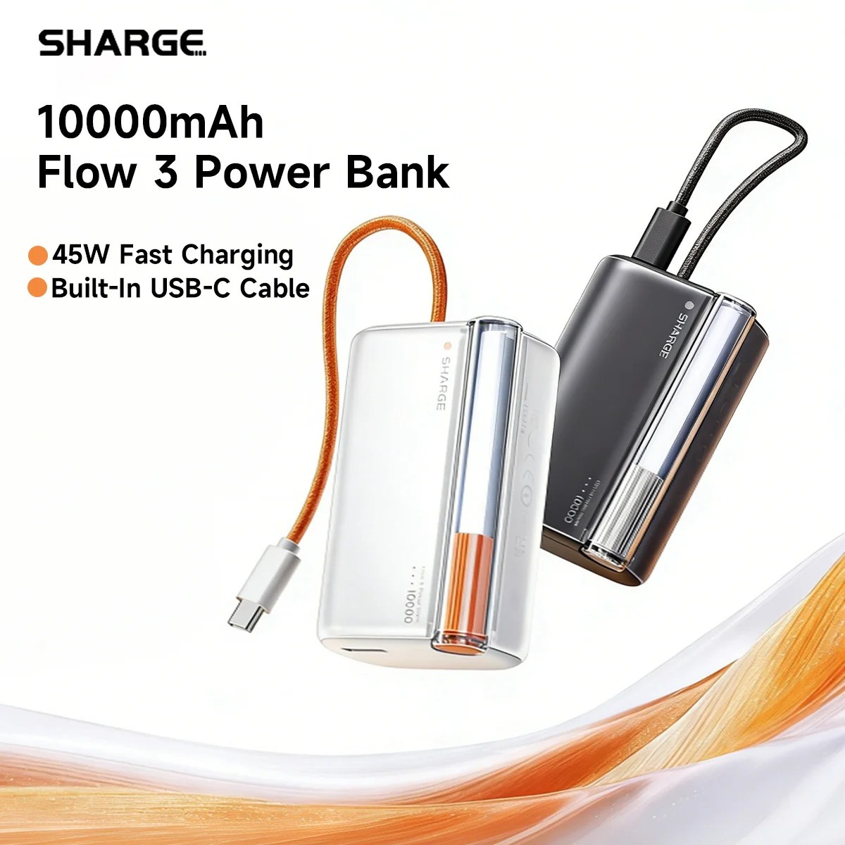 

Портативный внешний аккумулятор SHARGE Flow 3 10000 мАч с быстрой зарядкой PD 45 Вт, встроенным кабелем USB-C для iPhone 17 Pro