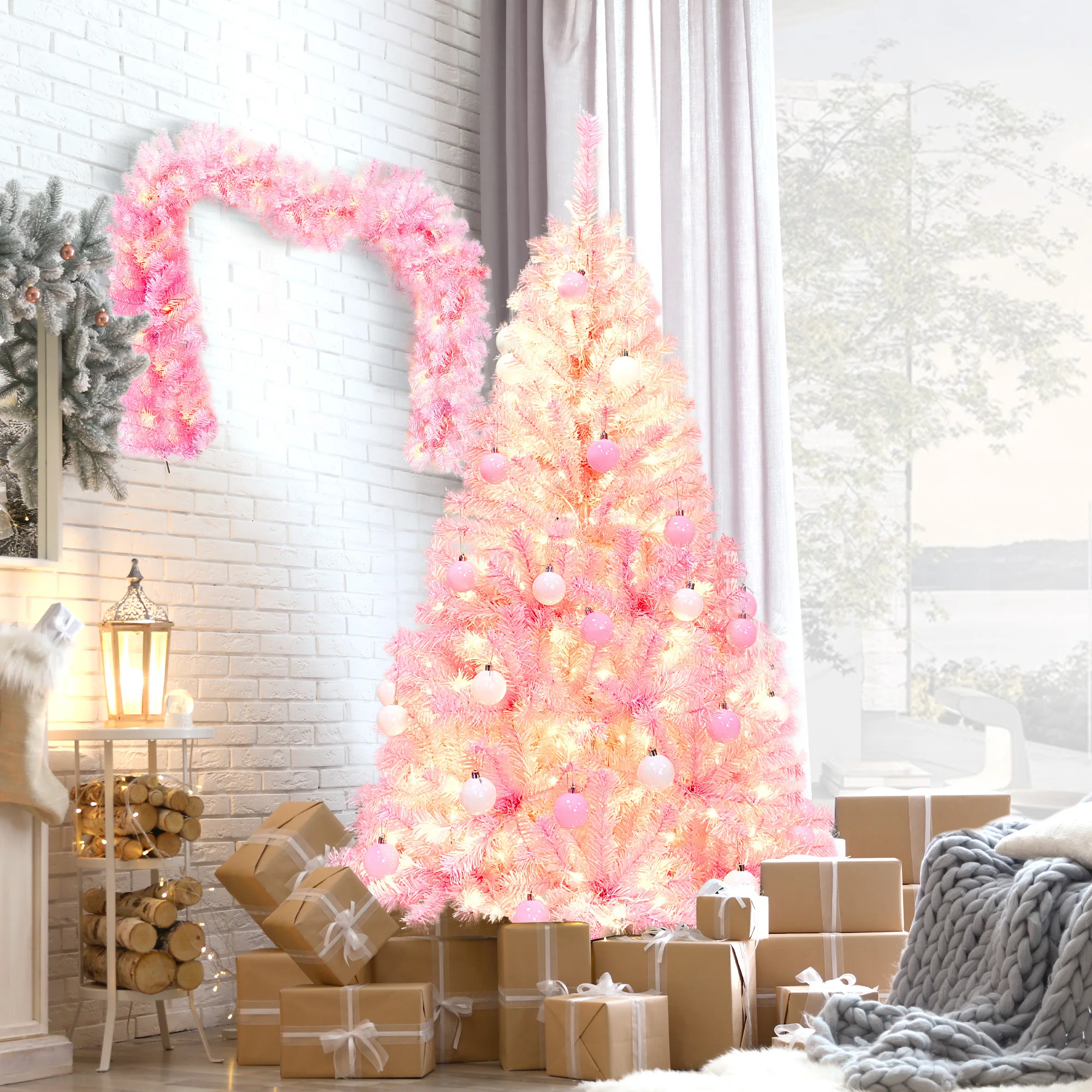 1.5m Glow Pink Christmas Tree with 6FT Garland X-mas and Pre-Installed LED Lights New Year Christmas Home Decoration