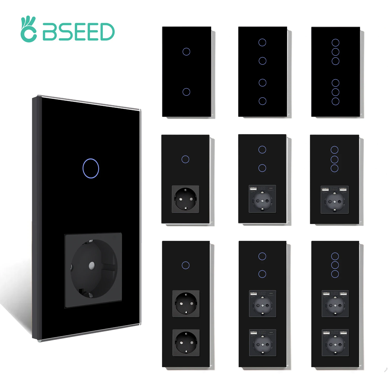 BSEED Wall Light Switches Normal Sockets Series USB C Phone Charge Touch Switches Black Glass Vertically EU Standard Switches