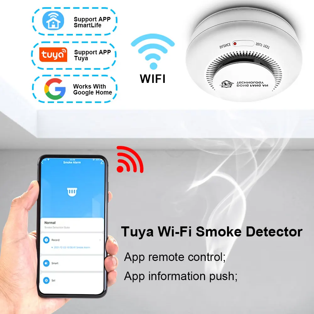 DFA WiFi TUYA Smart Smoke Detector High Sensitivity 80DB Wireless Interconnected Fire Alarm Home Safety Sensor for Garage Room