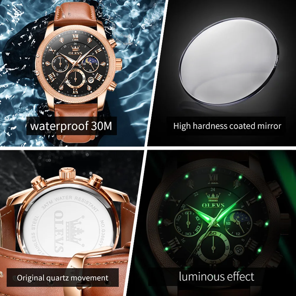 OLEVS TOP Cronografo con fasi lunari Orologi da uomo luminosi Cinturino in pelle Orologio al quarzo originale impermeabile per orologio da polso da uomo di marca