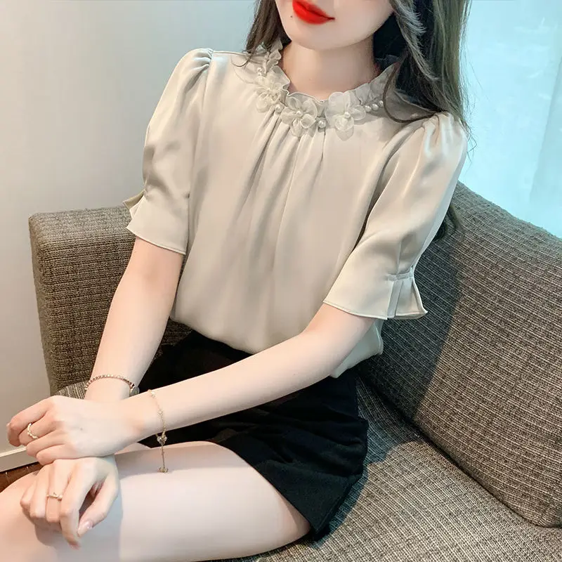 Women Summer Fashion Trend Loose Ruffles Solid Color Short Sleeve Shirts Women Clothes Casual All-match Appear Thin Pleated Tops