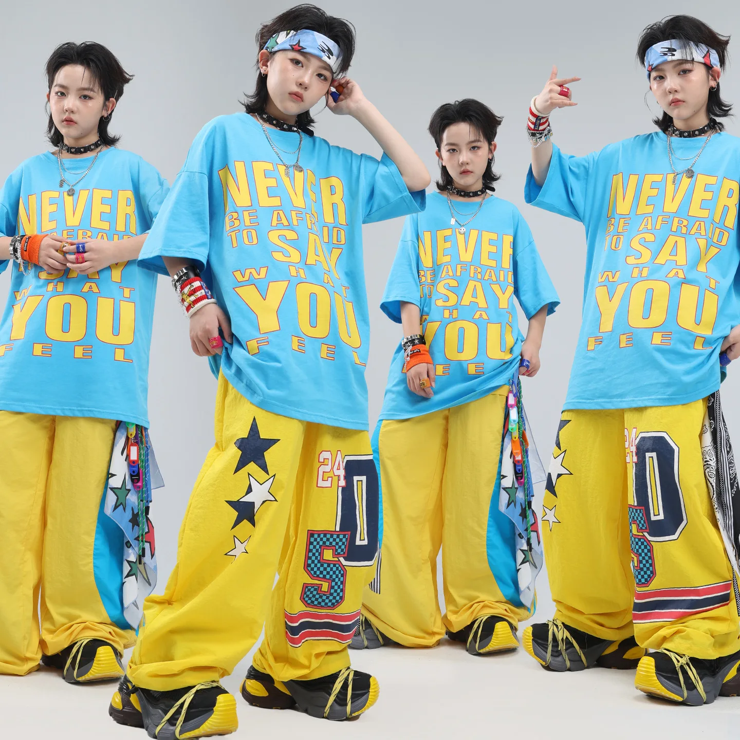 Kids Hip Hop Streetwear Set Blue Yellow Oversized T-Shirt and Baggy Pants Suit Girls Boys Jazz Dance Stage Performance Outfit