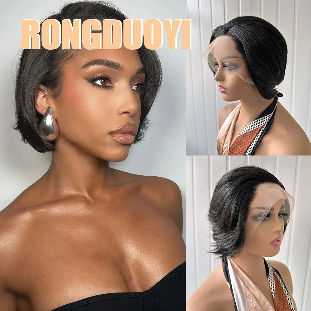 

RONGDUOYI 1B черный синтетический парик флэш Боб стрижка флэй черные кружевные передние парики для женщин ежедневный макияж натуральные волосы
