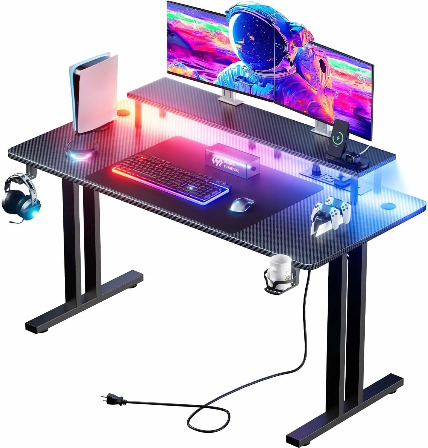 

47 Inch Gaming Desk with LED Lights & Power Outlet, Computer Gamer Desk with Monitor Stand, Ergonomic Carbon Fiber Gaming