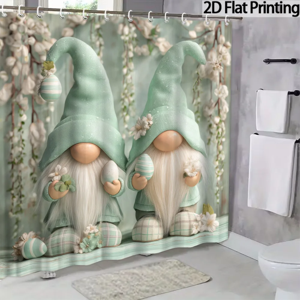 2D Flat, 2D Flat, 1pc 2D Flat Easter Gnome Shower Curtains Featuring Charming Spring Decorations with Delightful Characters And