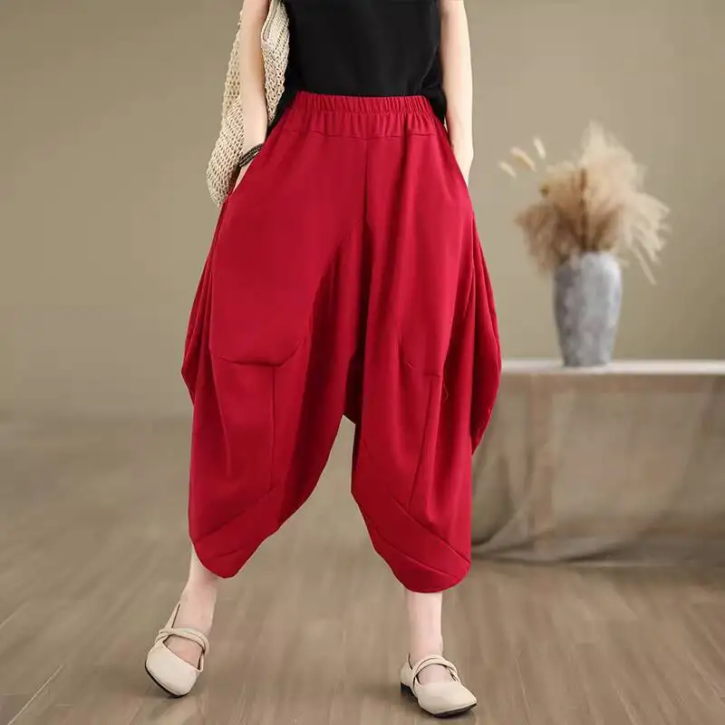 # 2961 Sommer Cross-Pants für Damen, Einfarbige Weite Haremshose, Elastischer Bund, Vintage Baumwolle-Leinen-Hose, Knöchellang