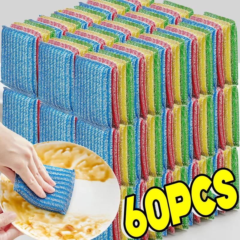 5/60pcs Steel Wire Sponge Wipe Non-stick Oil Brush Double Sided Cleaning Cloth Kitchen Dishcloth Scouring Pad Rag Cleaning Tool