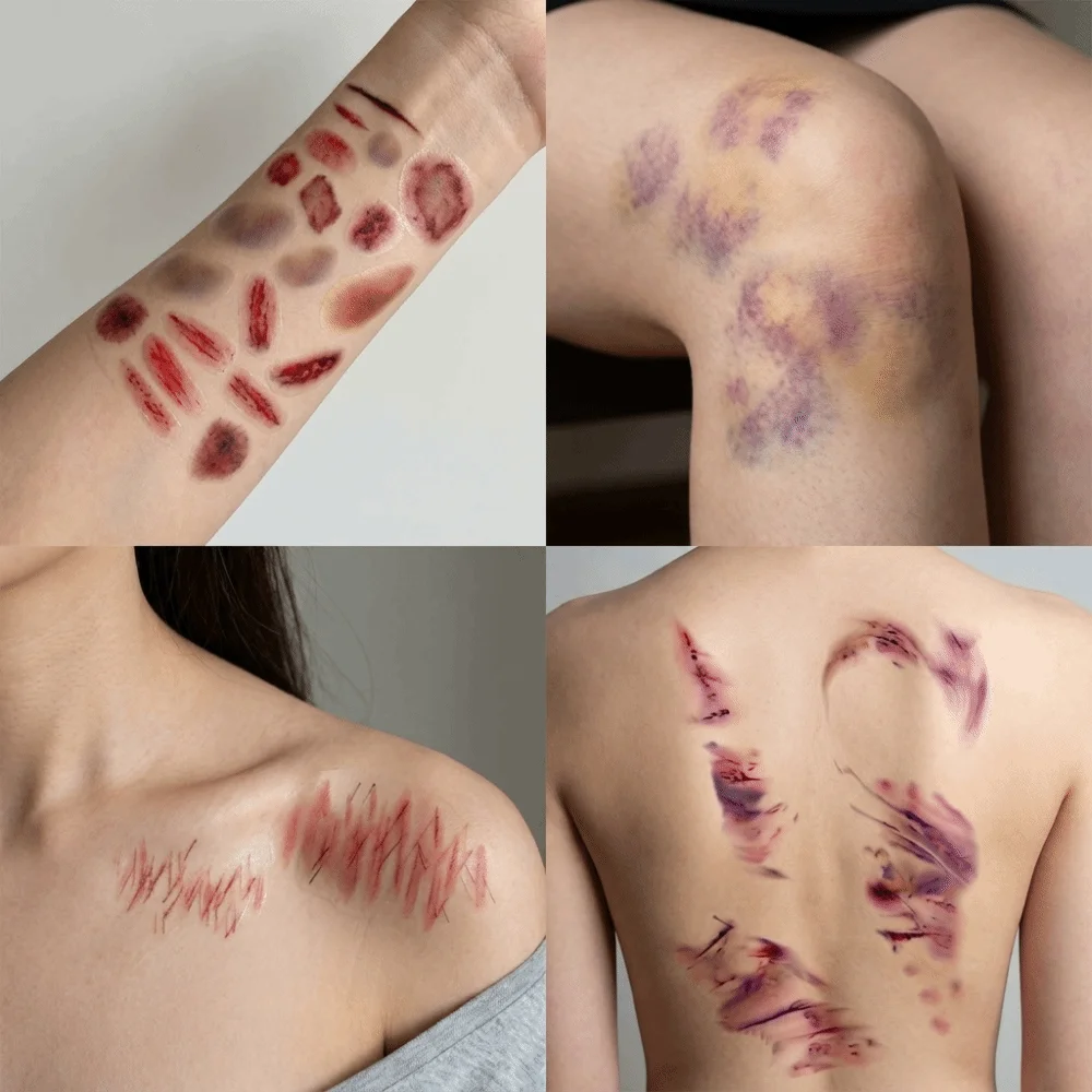 4Sheets Waterproof Halloween Temporary Tattoos Lasting Simulated Scar Wound Bruising Tattoo Decals Portable Realistic