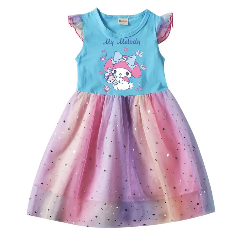 Sanrios My Melody-falda de princesa de Anime Kawaii para niñas, vestido de malla de manga corta, vestido de velo lindo, ropa para niños, Verano