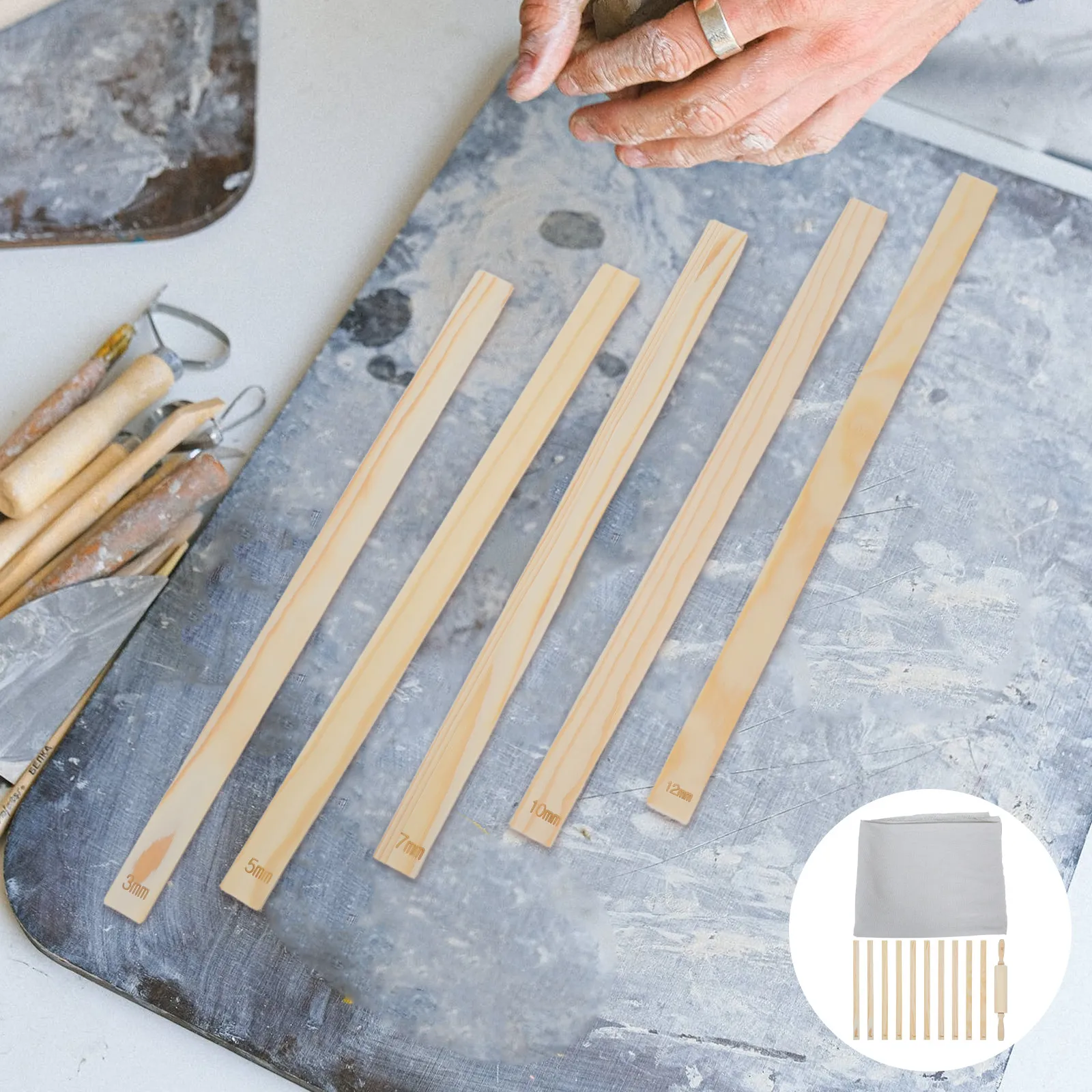 

12Pcs Pottery Clay Rolling Pin Set Roller Guide Sticks Linen Tablecloth Precise Thickness Control Clay Tool Kit Hand Building