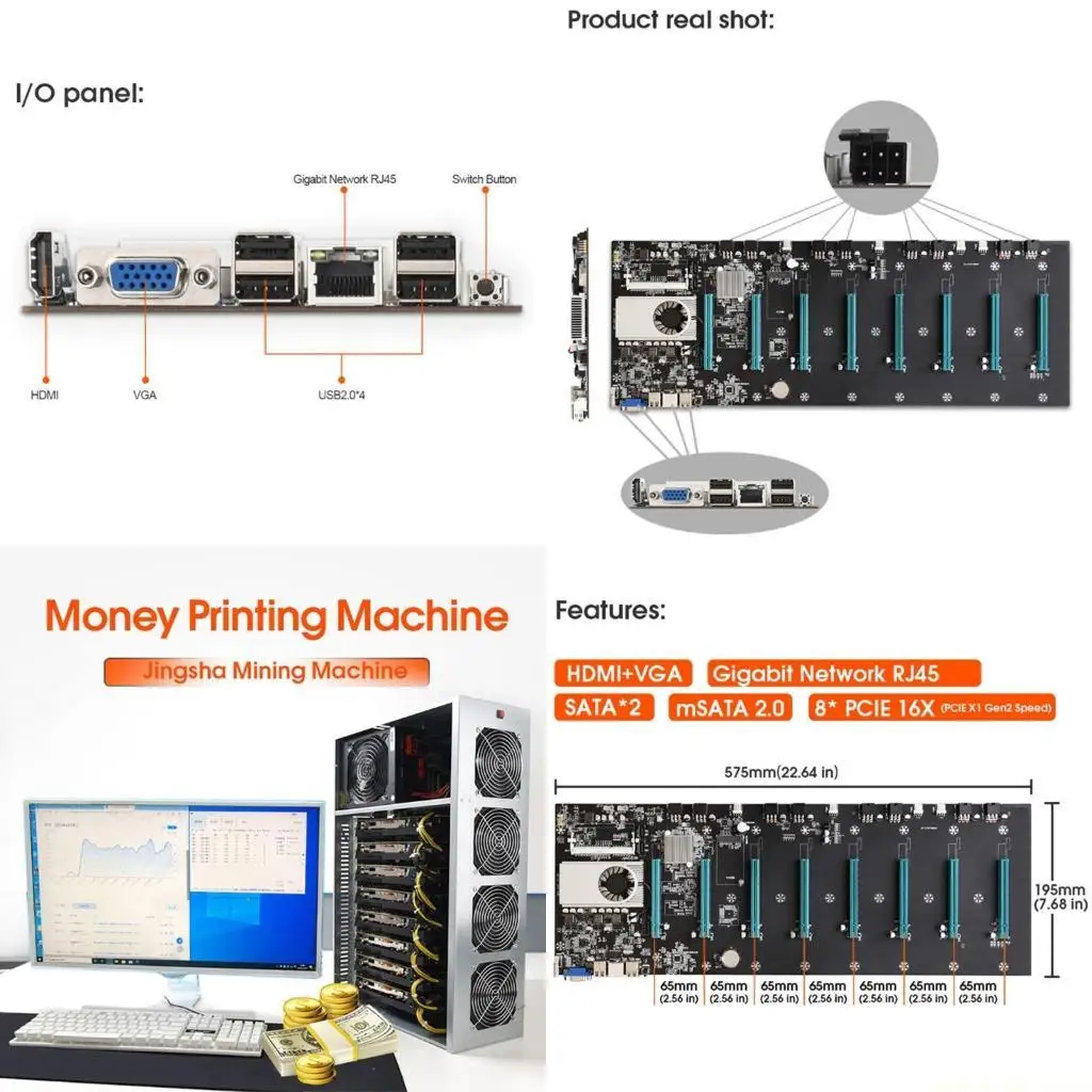 

BTC-37 Mining Motherboard Set Spacing 65mm CPU 8 Video Card Slots DDR3 Memory Integrated VGA Low Power Consume
