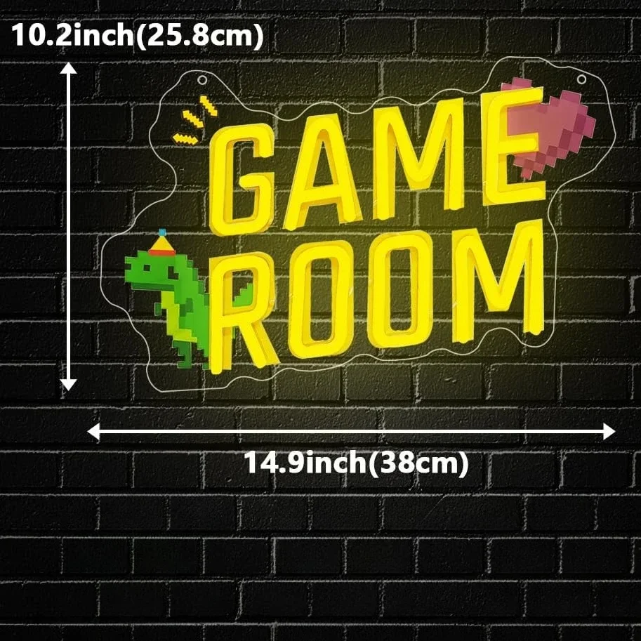 Game Room Neon Sign LED Wall Art Pixel Dinosaur Heart Glow USB Powered Dimmable Acrylic Lamp Gaming Zone Home Decor