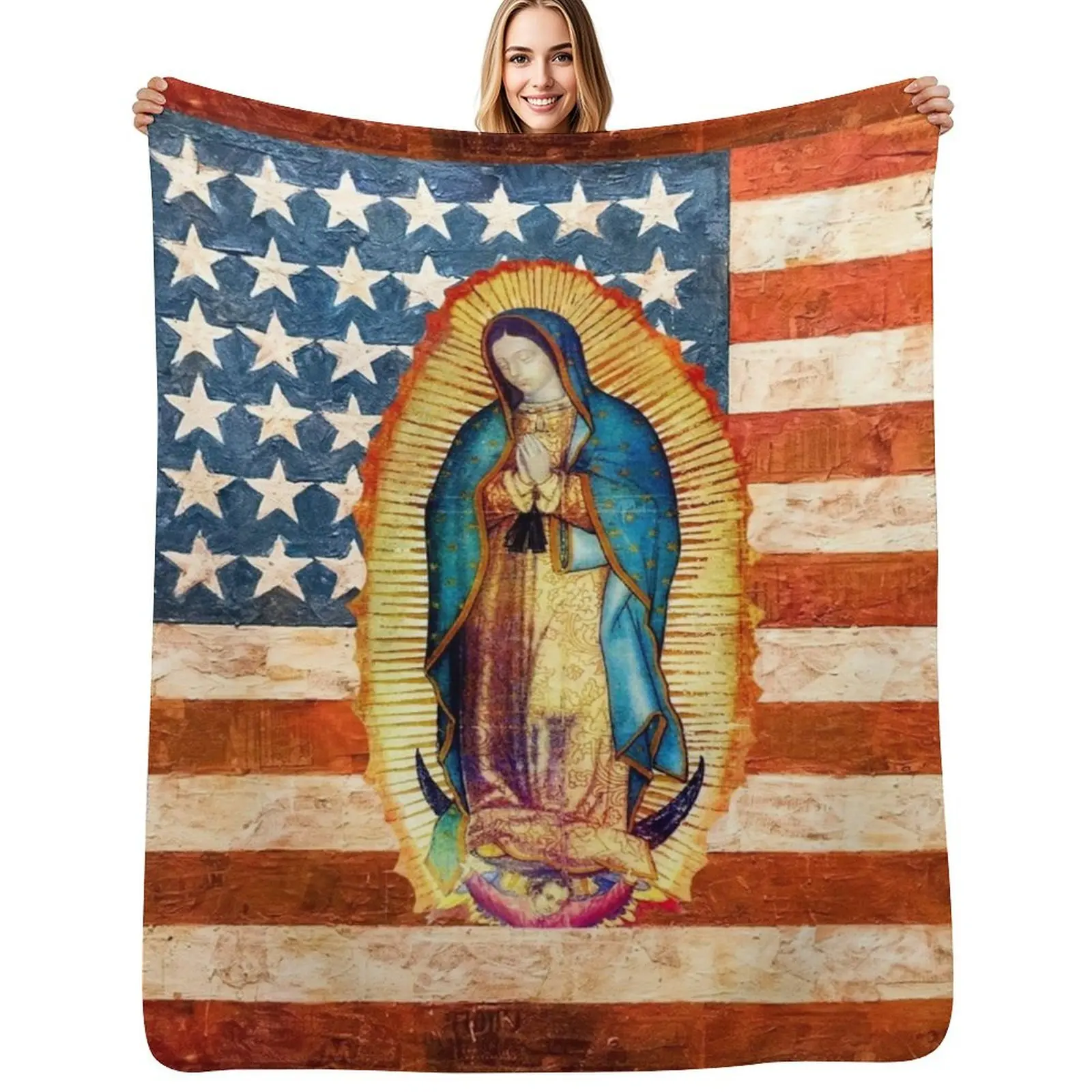 

Our Lady of Guadalupe Mexican Virgin Mary USA United States Flag Mexico Catholic Throw Blanket Stadium blanket for seating