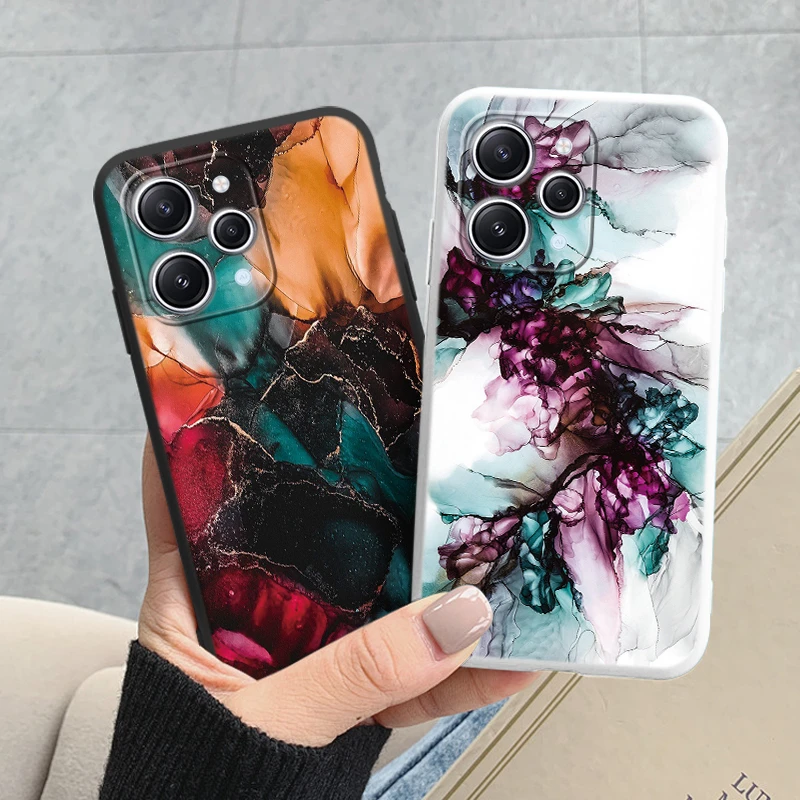 Case For Redmi 12 4G Phone Cover Watercolor Painting Marble Pattern Shell Soft Silicone Ink Painted Coque For Redmi 12 2023 Capa