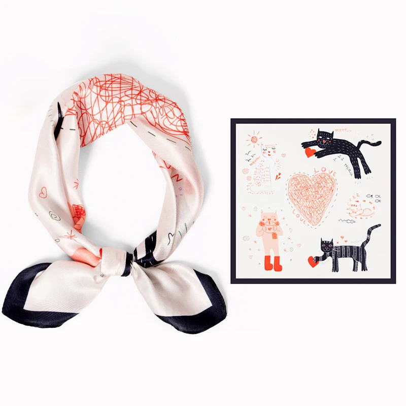 

Шелковый квадратный платок 100% натуральный шелк, женский, с принтом кошки, из Ханчжоу, шелковая бандана, шейный платок, новинка 2025 года, из чистого шелкового сатина, платок на голову, 53x53 см