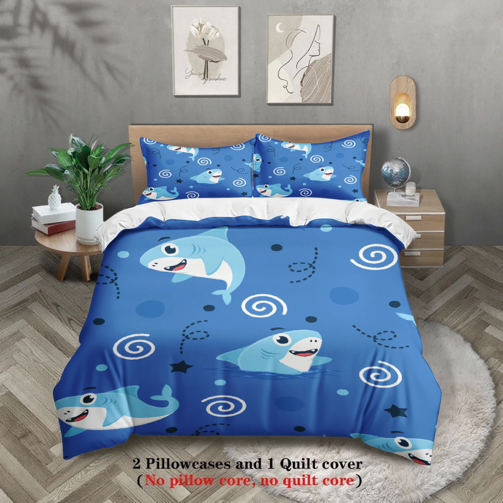 3pcs Shark Ocean Bedding Sets 3D Printed Sea Life Pattern Duvet Cover Sets With Pillowcases No Filling