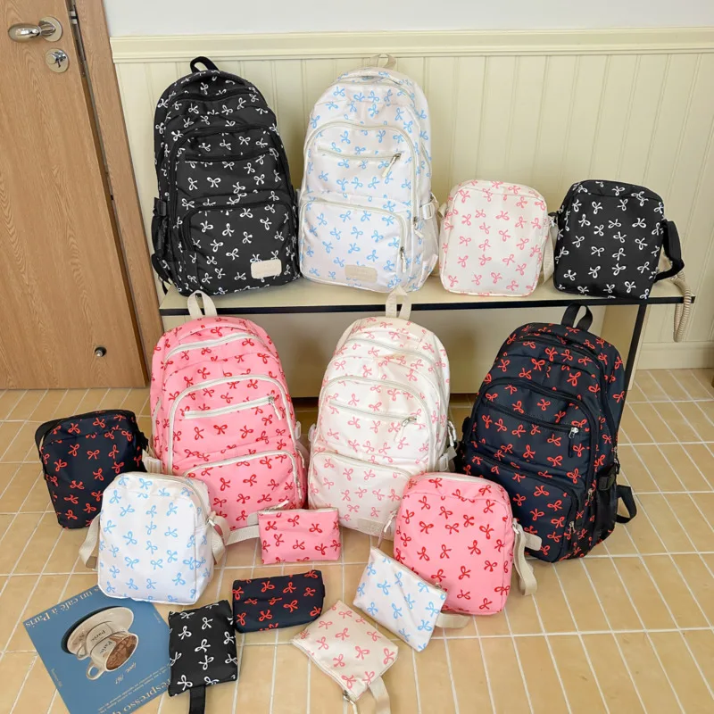 

Bow Print Cute 3 Piece Backpacks Set Travel Nylon School Bag With High Capacity Adjustable Strap Women Laptop Computer Backpacks