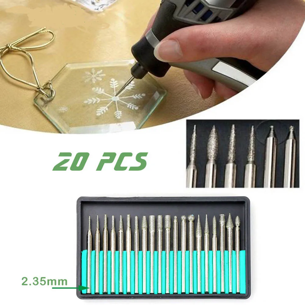20PCS 2.35/3mm Shank Diamond Grinding Burr Needle Point Engraving Carving Polishing Glass Jade Stone Drill Bit Rotary Tool Set