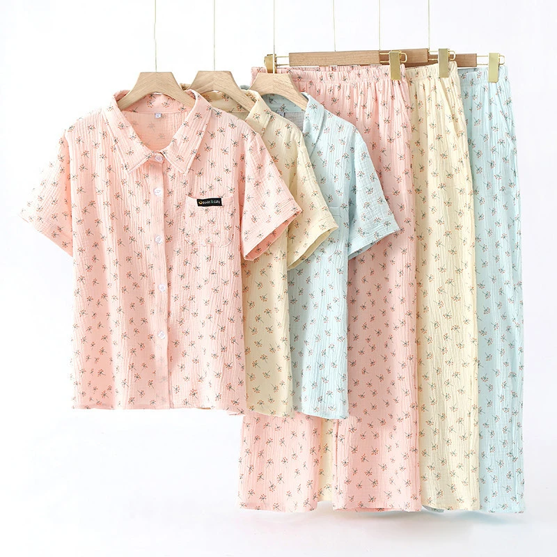 

2024 New Women's Pajama Set 100% Cotton Crepe Short Sleeves+Pants Two Piece Set Ladies Shirt Collar Pajama Home Furnishing