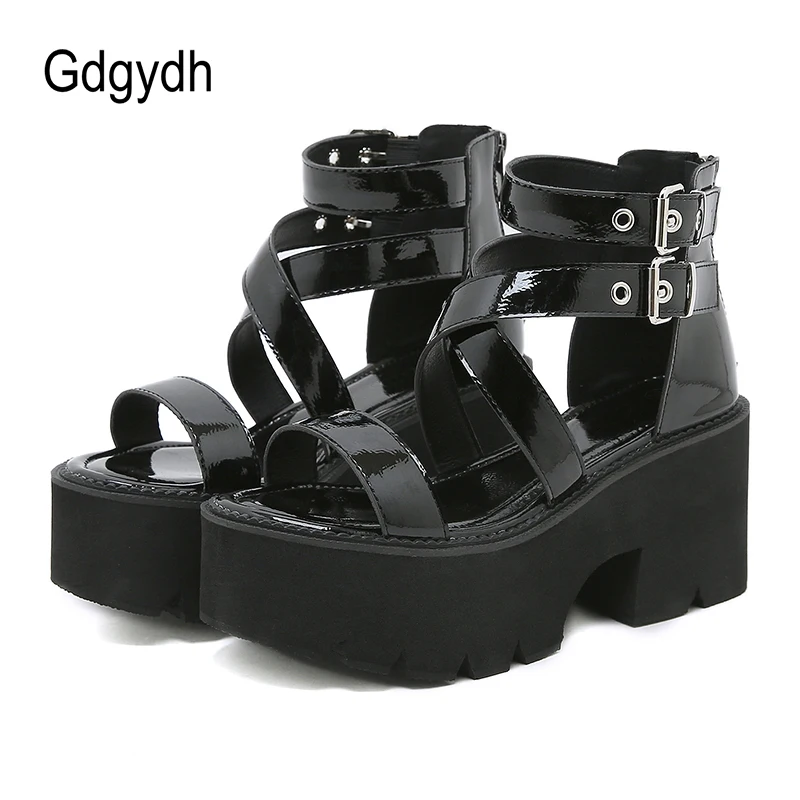 Gdgydh Ankle Strap Sandals for Women Platform Chunky Heels Patent Leather Thick Wedges Summer Shoes Open Toe Zipper Big Size 43