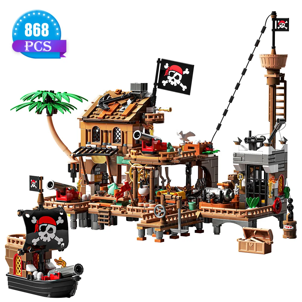 Pirate Ship Building Toys, Pirate Wharf Themed City Store Building Bricks Sets for Boys Age 8-12,868 Pieces, Advent Calendar