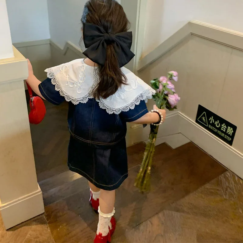 2022 Summer Girls Fashion Denim Suit Lace Edge Large Lapel Short-Sleeved Top +Denim Skirt Children\'S Clothing Sets For Girls