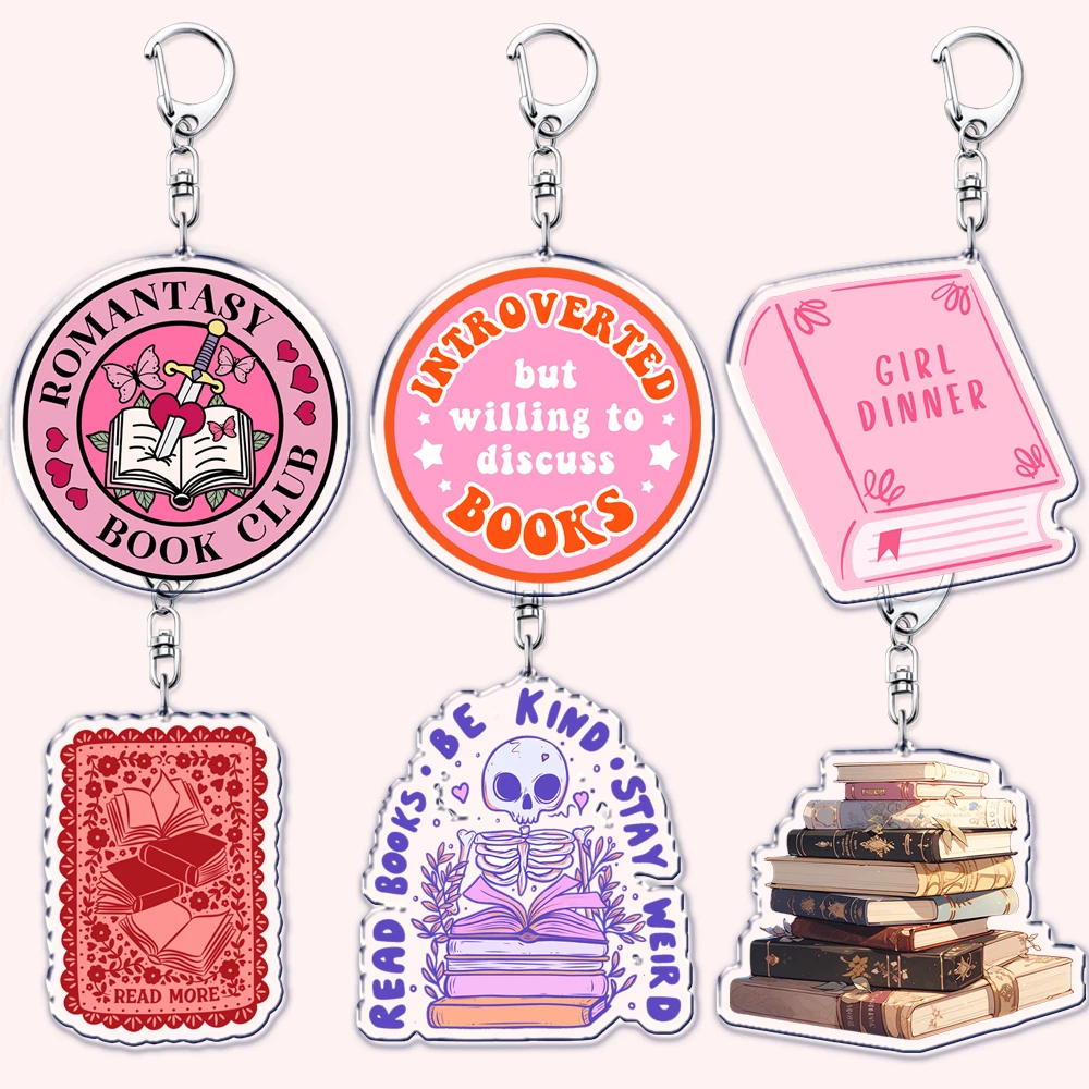 Pink Bookish Book LoverKeychains for Accessories Bag Key Chain Ring Jewelry Bookworm Kindle Reader Reading Fans Gifts Keyrings