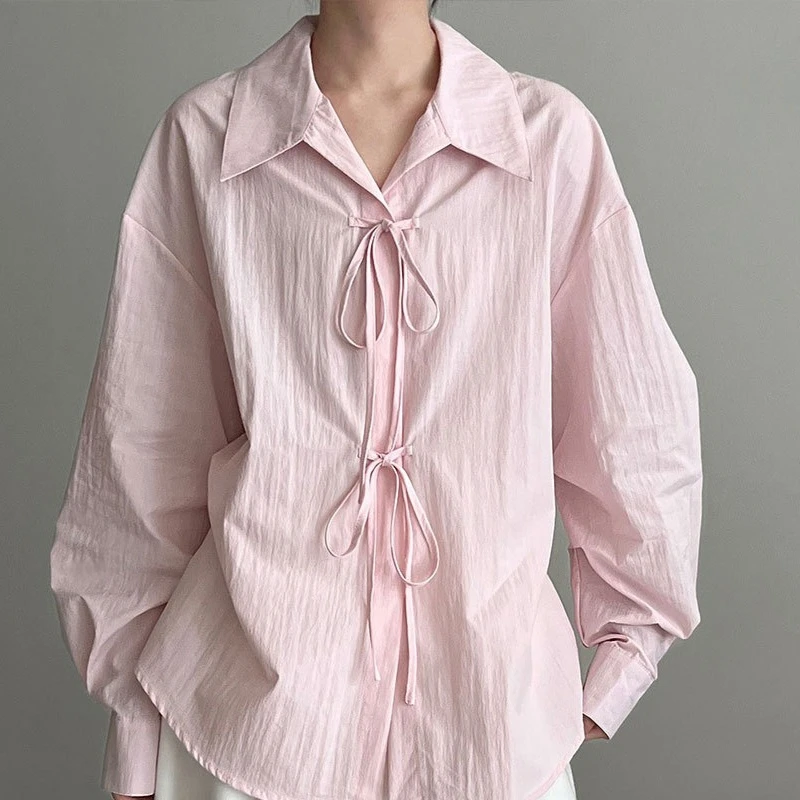 

Women Shirt Solid Blouses Lace Up Long Sleeves Turn Down Collar Slight Strech Wide Waisted Loose Fit Office Casual 2026 Autumn