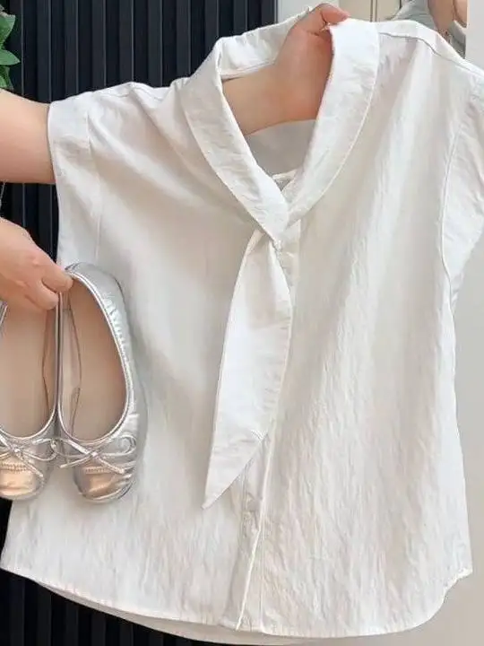 

Fashionable Summer New Loose Women's Shirt Short Sleeve Draped Collar Elegant Versatile Top Korean Style Commute Wind Blouse