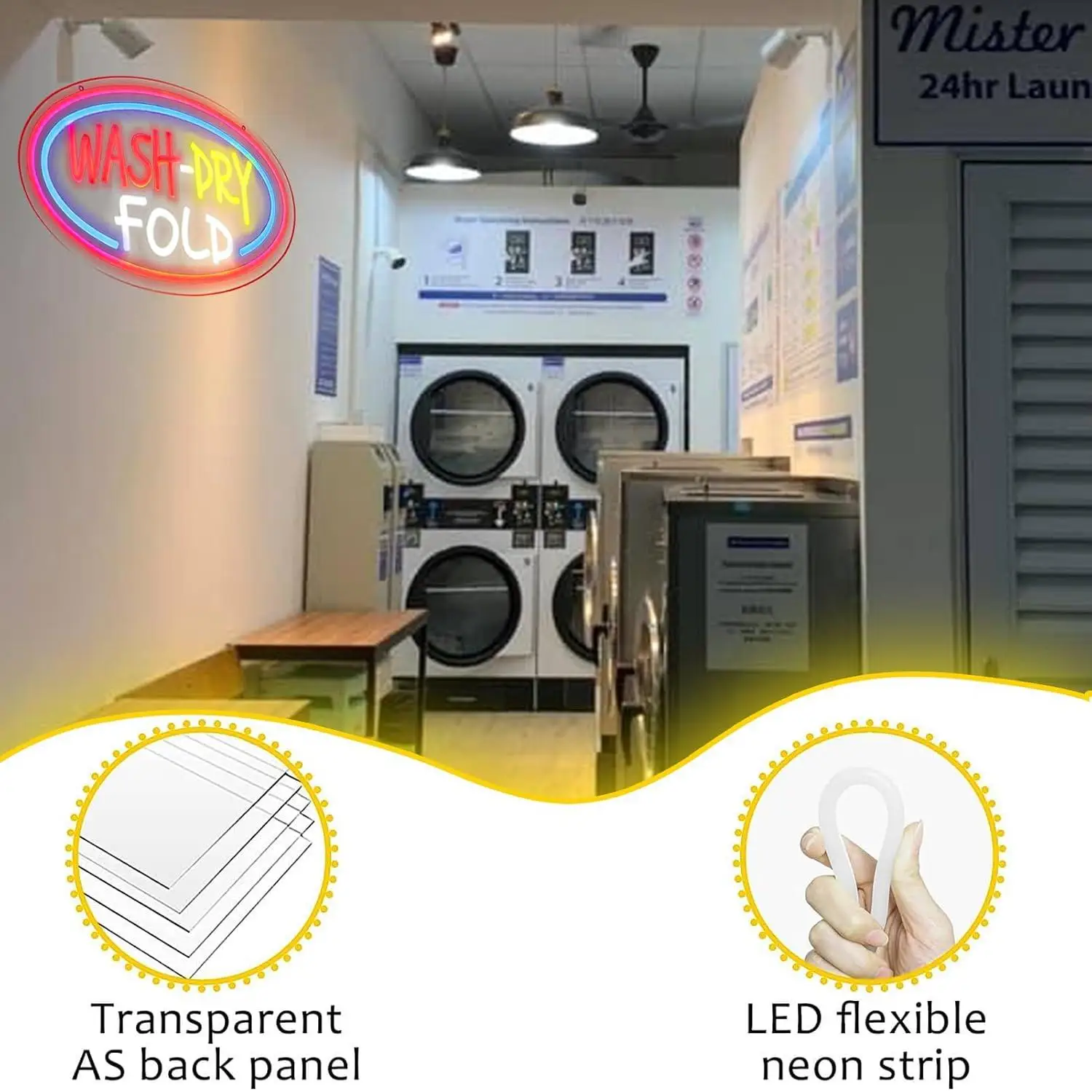 Wash Dry Fold Neon Sign USB Dimmable LED Lights For Household Laundry Space Self Service Laundromat Shopfront Wall Decoration