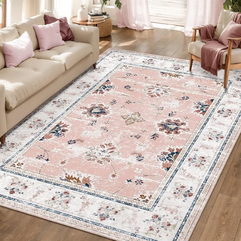 

Pink Vintage Living Room Carpet Bohemian Style Light Luxury Bedroom Rug Large Area Machine Washable Non-slip Coffee Table Mat 러그