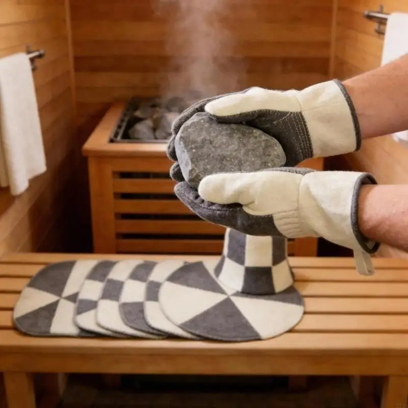 

Felt Mat Sauna Hat Gloves Sauna Accessories Set Insulated Bath Cap With Gloves Mat for Bathroom Pool Benches Steam Room 37JD