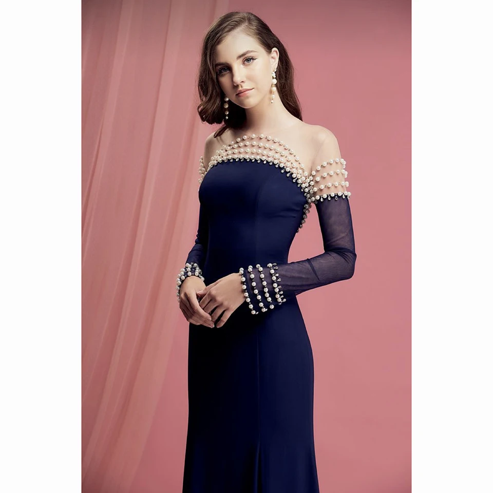 Elegante azul marinho o-pescoço mangas completas pérolas vestido de noite 2025 a linha até o chão varredura trem chiffon zíper vestido de baile