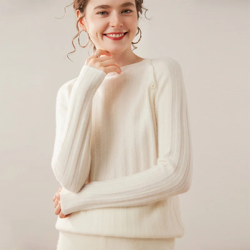 

Women 100% Cashmere Sweater Slash neck Long Sleeve Pullover shoulder with button Sweater Autumn Winter High-end Cashmere Knit