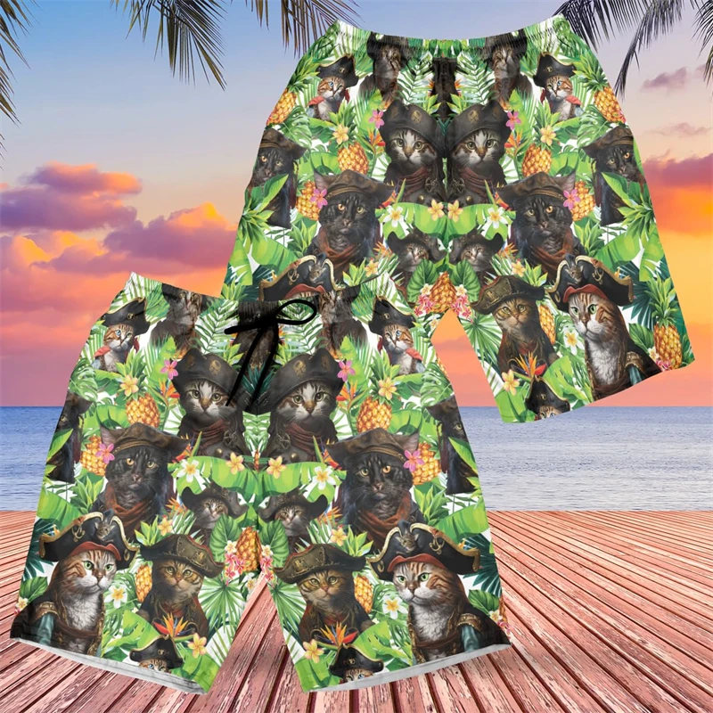 Funny Pirate Animals Graphic Beach Shorts Casual Hawaiian Parrot Cat 3D Printed Short Pants For Men Clothes Fashion Skull Trunks