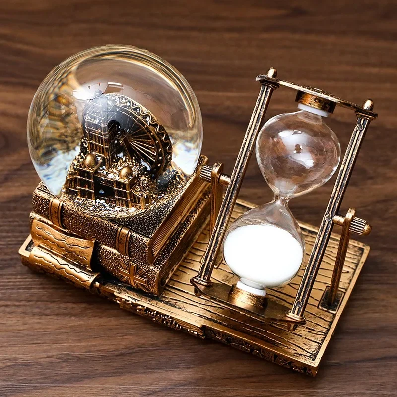 Retro tower hourglass timer crystal ball music box luminous desktop ornaments graduation gift for students.